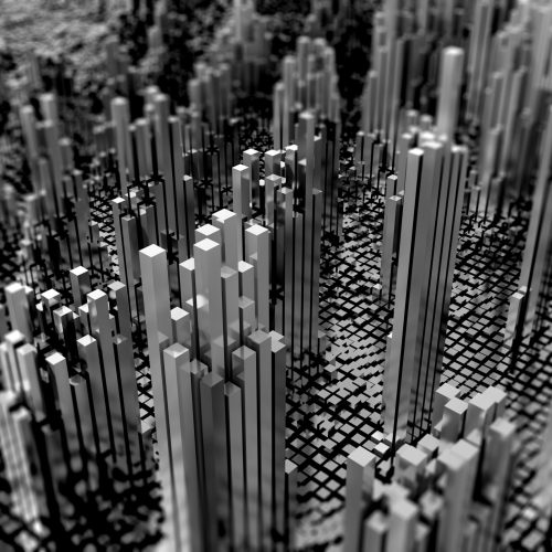 3D render of a futuristic landscape of shiny cubes in monotone